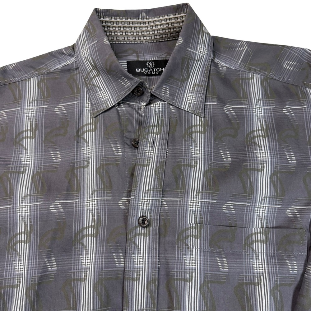 Bugatchi‎ Uomo Mens Medium Gray Plaid Long Sleeve Button Down Shirt